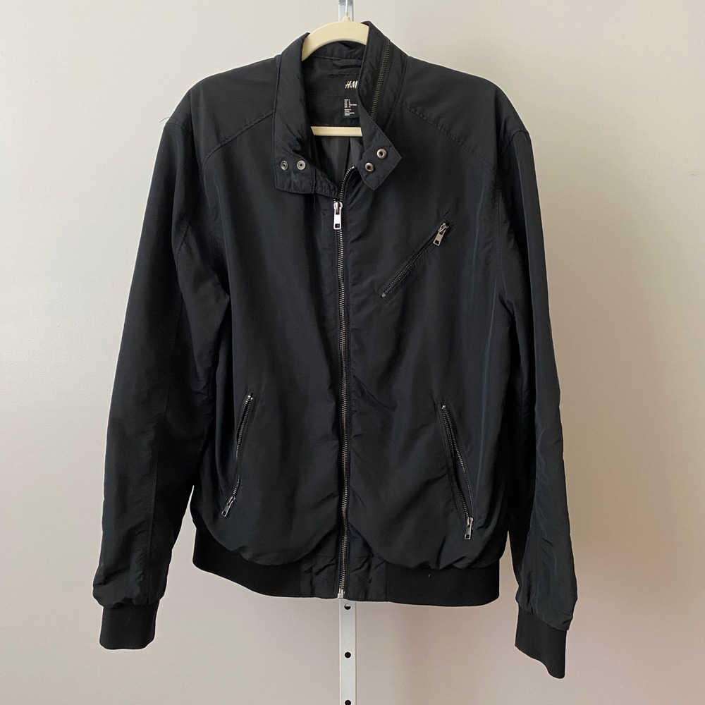 H&M L Black Bomber Jacket Moto Snap Collar Zip Pockets Mens Coat Streetwear